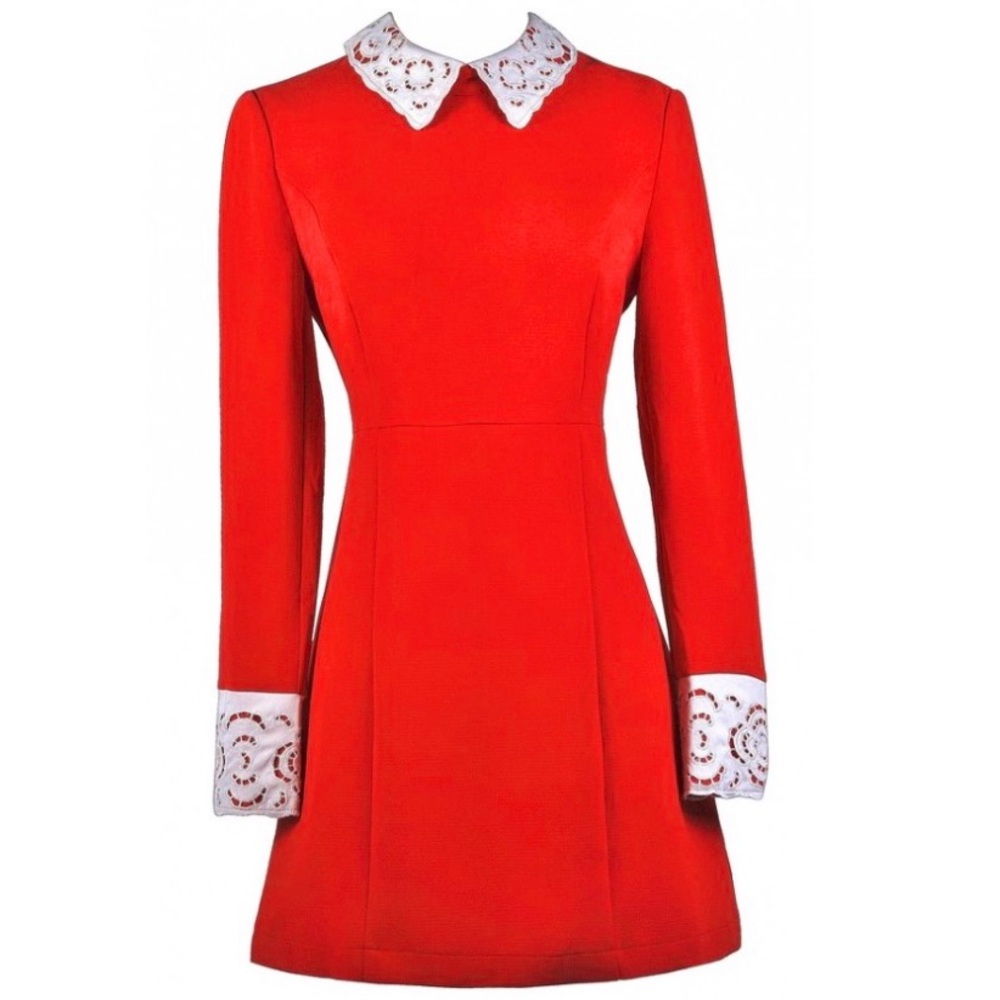 Red long sleeve dress w/ white lace collar & cuffs
